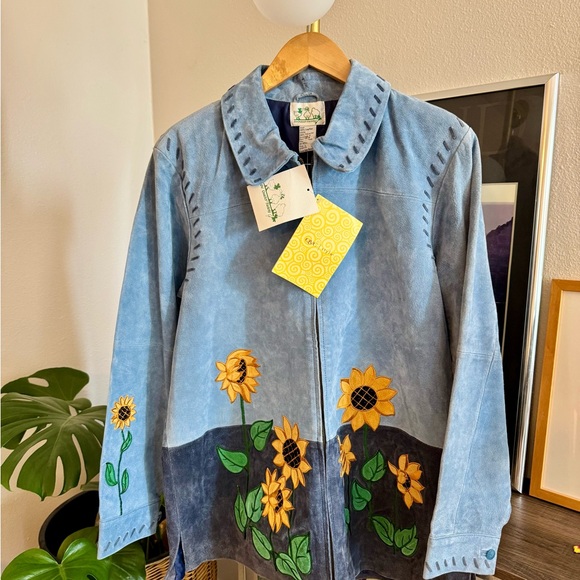 Quacker Factory Jackets & Blazers - Quacker Factory Light Blue Leather Jacket with sunflowers
